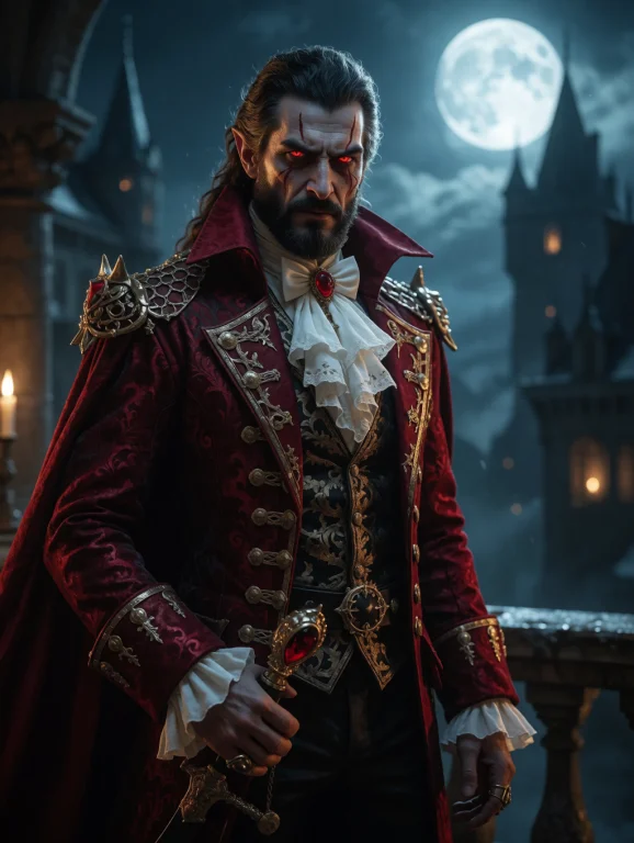 Portrait Of A Vampire Noble In A Crimson Coat, Moonlit Castl...