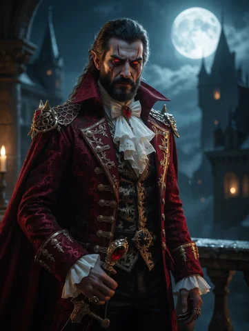Portrait Of A Vampire Noble In A Crimson Coat, Moonlit Castl... — Stable Diffusion AI Prompt: portrait of a vampire noble in a crimson coat, moonlit castle balcony, rpgv7