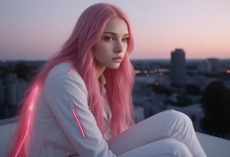 Whiteember, Glossy White Tech Rooftop At Dusk Above A City O...