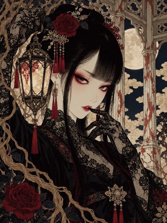 A Close Portrait Of A Woman With Black Hair, Blunt Bangs And...