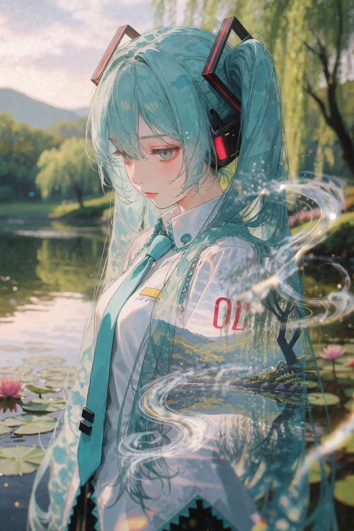 Hatsune Miku Stands In A Medium Close-up, Ethereal Double Ex...