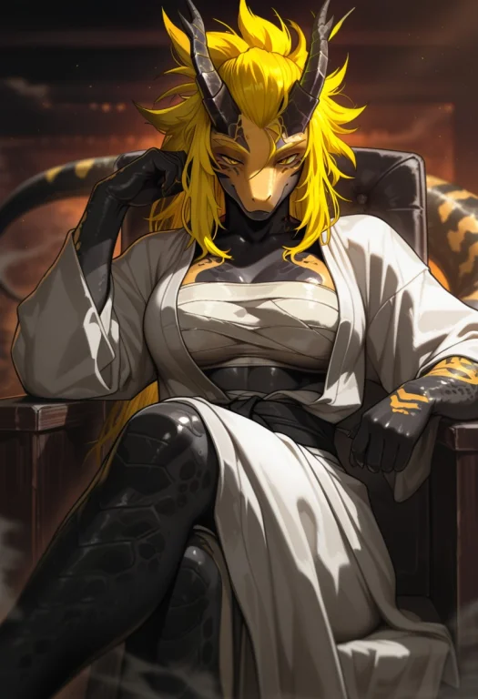 Lizard Girl, Mature, Yellow Orange Skin, Yellow Hair, Horns,...