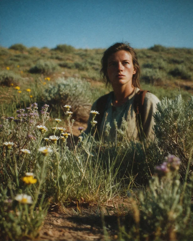 A Figure Stands In Brushy Scrubland Among Tall Grass And Sca...