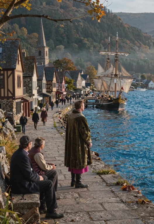 A Wide, Eye-level Establishing Shot Of A Bustling Coastal To...