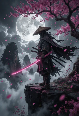 Digital Fantasy Illustration, Ronin Samurai Standing On A Ja... — Stable Diffusion AI Prompt: Digital fantasy illustration, Ronin samurai standing on a jagged cliff edge, sid...