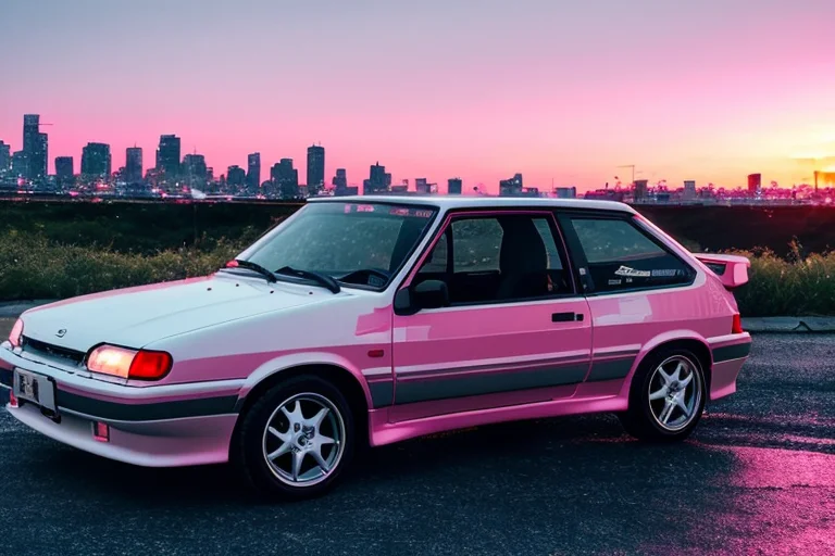 A Whiteblackredbluepink Car Is Parked By The Road  Pink Suns...