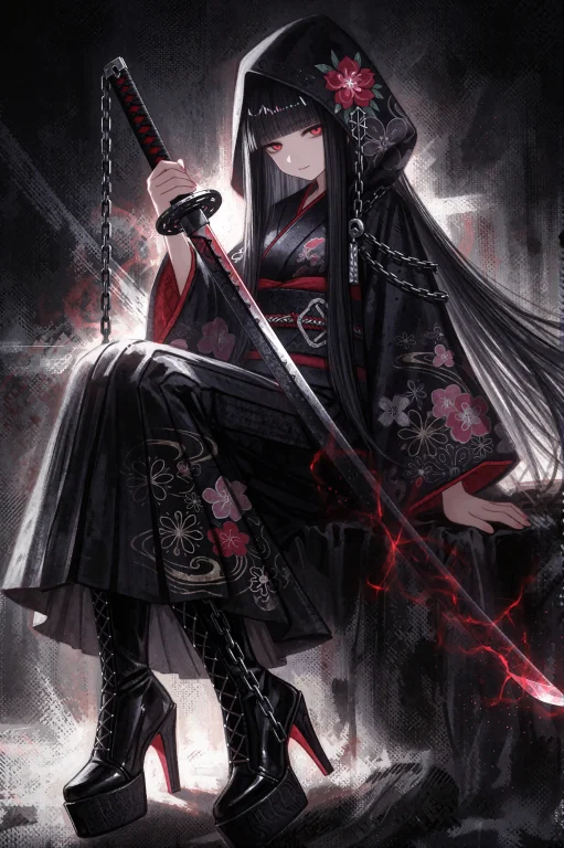 1girl, Weapon, Long Hair, Solo, Black Hair, Sword, Japanese...