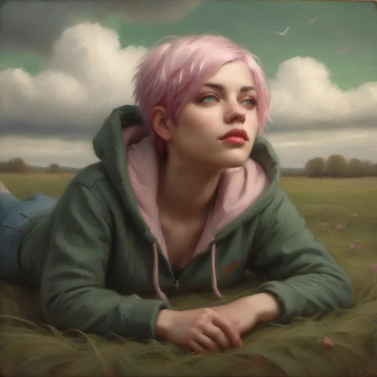 A Woman With Short Pale Green Hair, Pale Green Eyes, Pink Li...