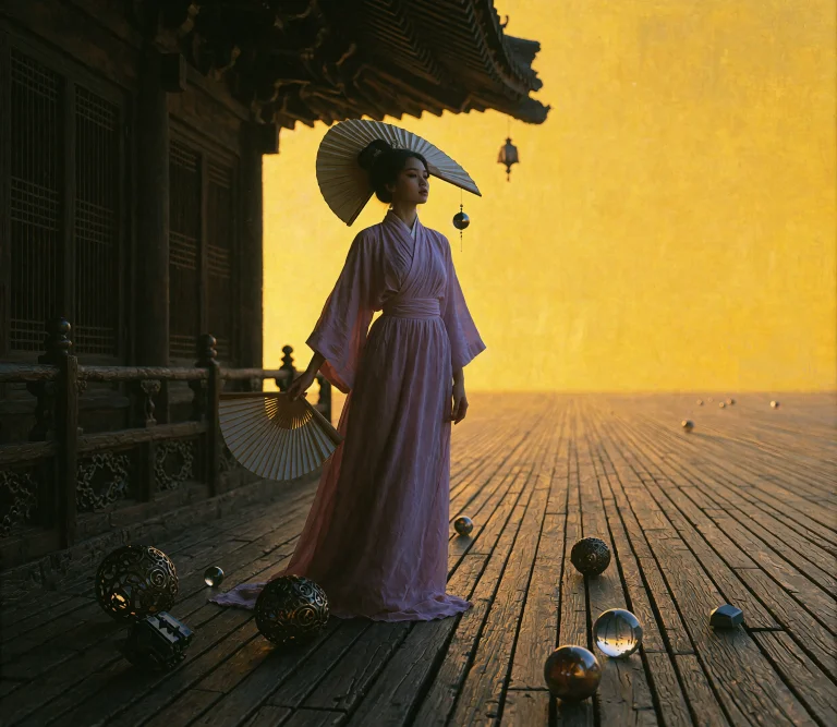 Dcc3ldyns. A Figure In Lavender Robes Stands On A Wooden Dec...