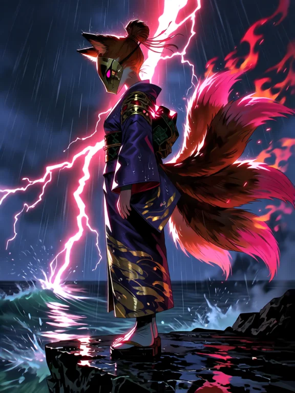 A Dramatic Profile View Of A Masked Kitsune Priestess Wearin...