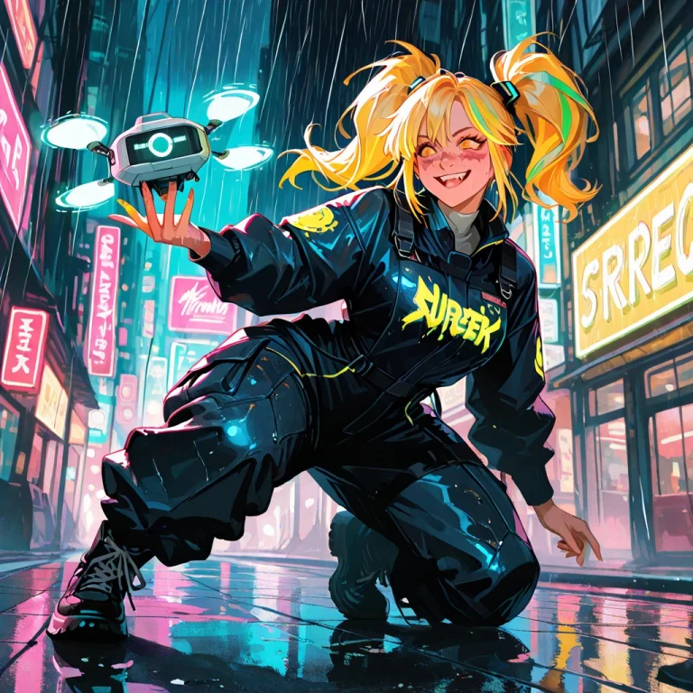 Cyberpunk Style, 1girl, Same Girl As Described Neon-yellow H...