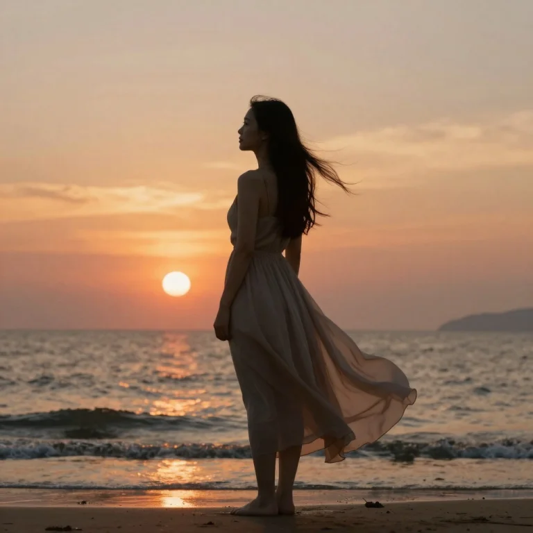 A Girl In A Flowing Dress By The Sea, Sunset, Cinematic Ligh...