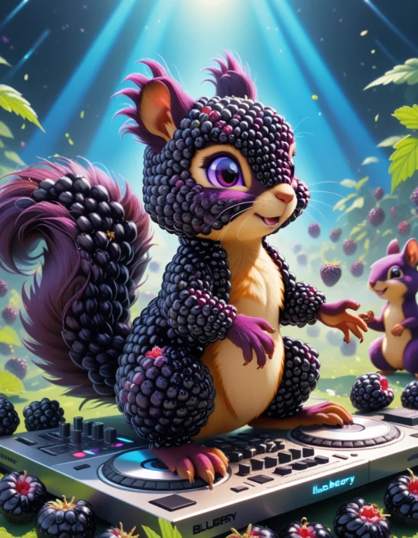 Dj Squirrels At A Rave Made Of Juicy Blackberries, Blackberr...