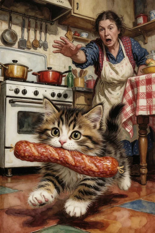 Fluffy Kitten Dashing Across A Kitchen Floor With A Long Sau...