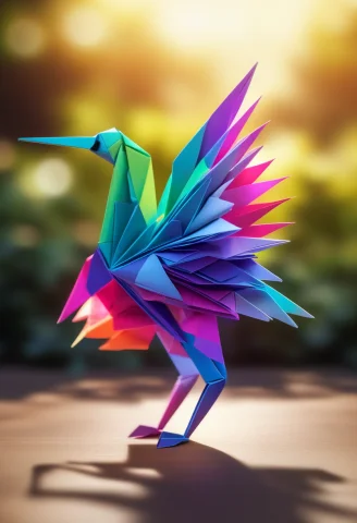 A Figure Made Of Drifting Origami Cranes, Flat Design, Dappl... — SDXL AI Prompt: a figure made of drifting origami cranes, flat design, dappled sunlight, wide an...
