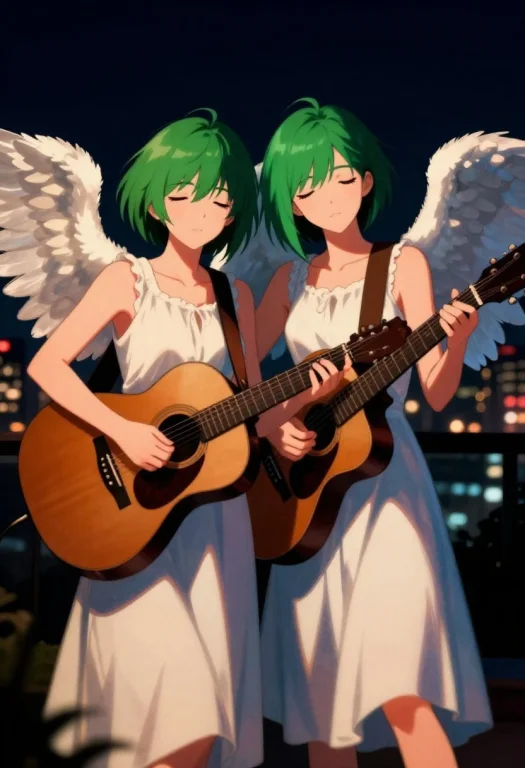 2girls, Short Hair, Green Hair, Half-closed Eyes, Long Dress...