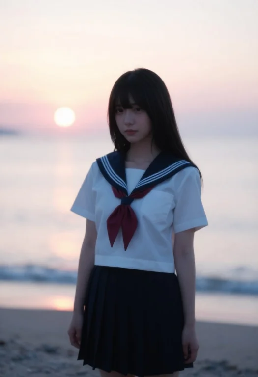 Cute Japanese Girl,seasunrise Cdwater Falls