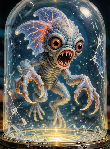 Lorakreaotherworlds1a Small Translucent Alien Creature Float... — Stable Diffusion AI Prompt: A small translucent alien creature floating inside a cracked laboratory capsule,...