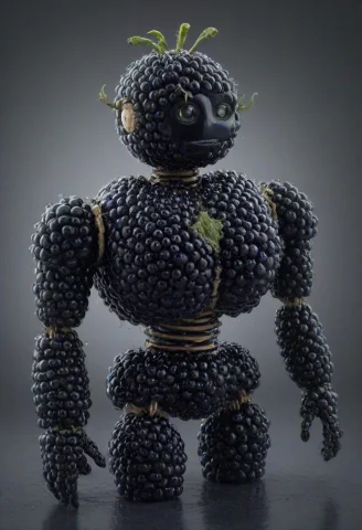 Blackberryworld, A Robot Built From Clusters Of Glossy Black... — SDXL AI Prompt: blackberryworld, A robot built from clusters of glossy blackberries, deep indigo...