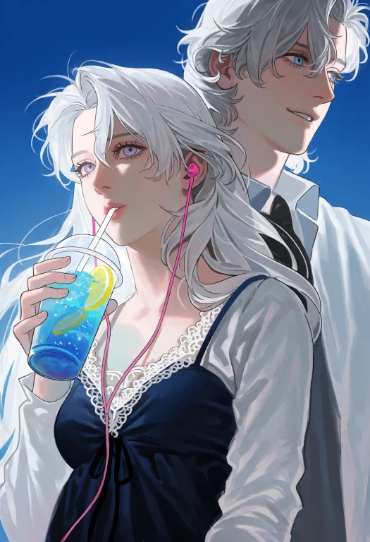 A Woman With Long, Flowing White Hair And Light Purple Eyes...