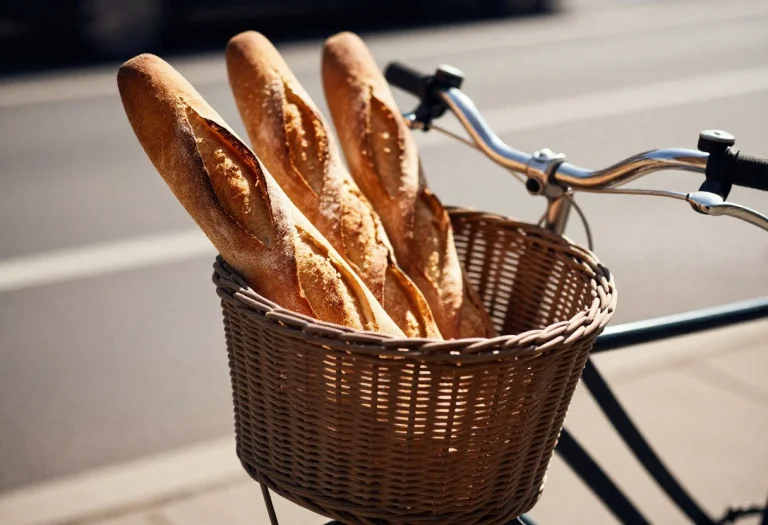 A Bicycle Basket Full Of Fresh Baguettes, Harsh Midday Sun,...