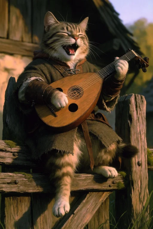 Dcgr1mdrk. A Whimsical Cat Troubadour Perched Atop A Weather...