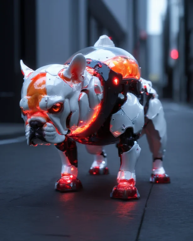 A Goldfish In A Fishbowl On Robot Legs Walking A Bulldog On...