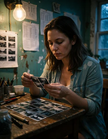 Create A Photorealistic Square Composition Centered On A Wom... — Stable Diffusion AI Prompt: Create a photorealistic square composition centered on a woman in her forties wh...