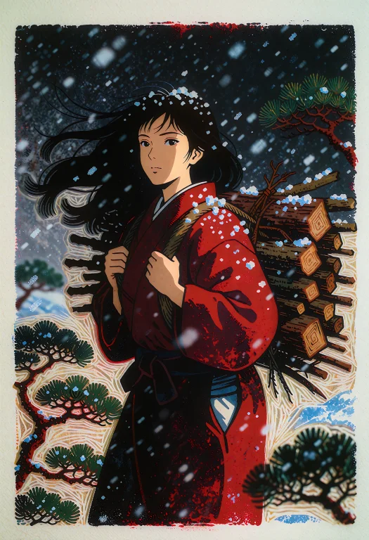 Linocut Relief Print Of An Anime Character, Bold Carved Shap...