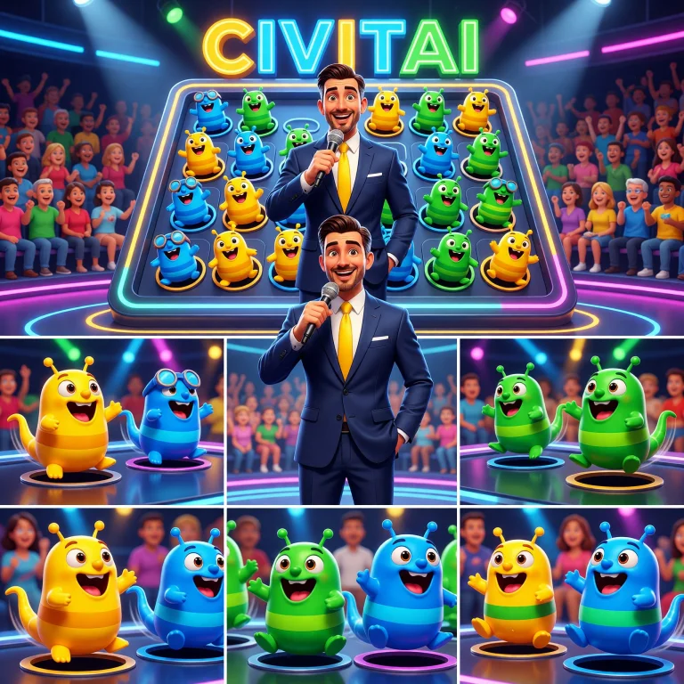 Subject A Vibrant Game Show Set Titled Civitai, Featuring Ye...