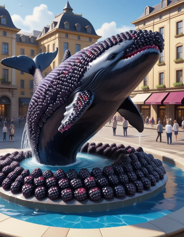 A Whale In A Fountain In A City Square Made Of Juicy Blackbe...