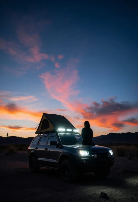 An Off-road Suv Sits In A Dark Desert Landscape Beneath A Dr...