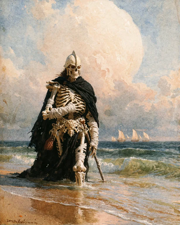 Dcc3ldyns. Watercolor Painting Of A Skeletal Warrior Standin...