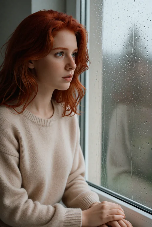 A Photograph Of L33na, She Sits Alone Beside A Rain-covered...