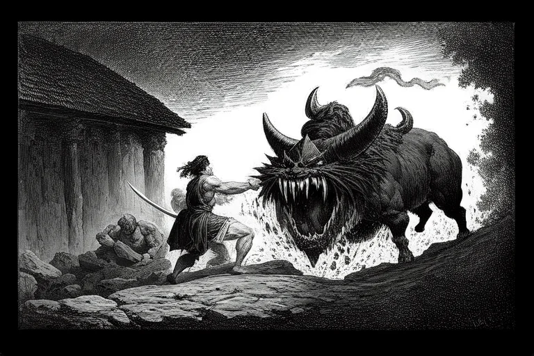 A Black And White Illustration Of A Muscular Demon Screaming...