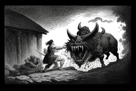 A Black And White Illustration Of A Muscular Demon Screaming... — Stable Diffusion AI Prompt: a black and white illustration of a muscular demon screaming , covered with a si...