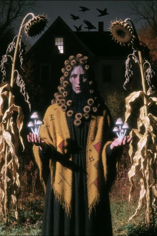 Dcdrkfntsy. Low-angle Medium Portrait Framed By Tall Dead Su... — Stable Diffusion AI Prompt: dcd@rkf@ntsy. Low-angle medium portrait framed by tall dead sunflowers and ragge...