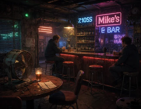 Loratraining2617621-20260926064714348-x3is1 Z1os, Interior O... — Stable Diffusion AI Prompt: z1os, interior of a dark old bar, neon lighting, futuristic nightlife atmospher...