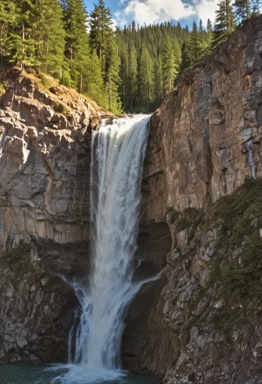 A River Forming A Very High Waterfall Plunges Into A Lake Su...
