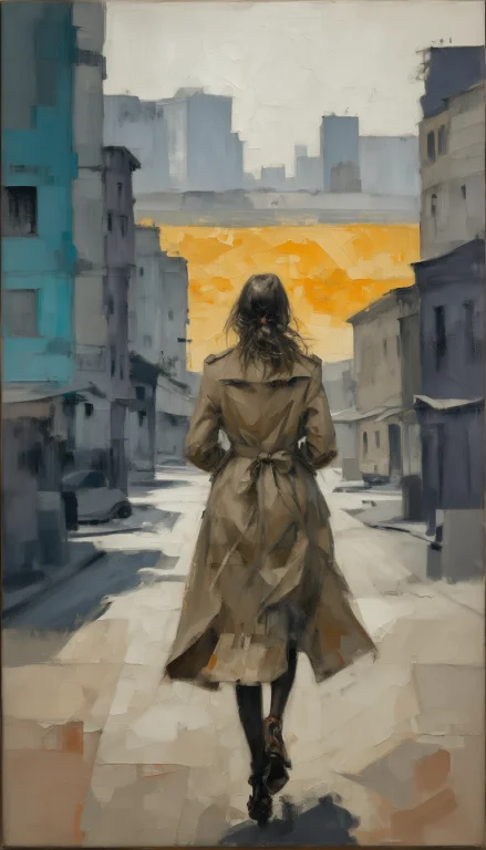 An Oil Painting On Canvas Featuring A Woman In A Trench Coat...