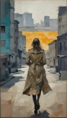 An Oil Painting On Canvas Featuring A Woman In A Trench Coat... — Stable Diffusion AI Prompt: An oil painting on canvas featuring a woman in a trench coat walking through an...