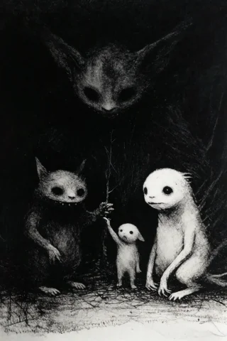 Black-and-white, Creatures, Dark, Eerie Mood — Stable Diffusion AI Prompt: black-and-white, creatures, dark, eerie mood