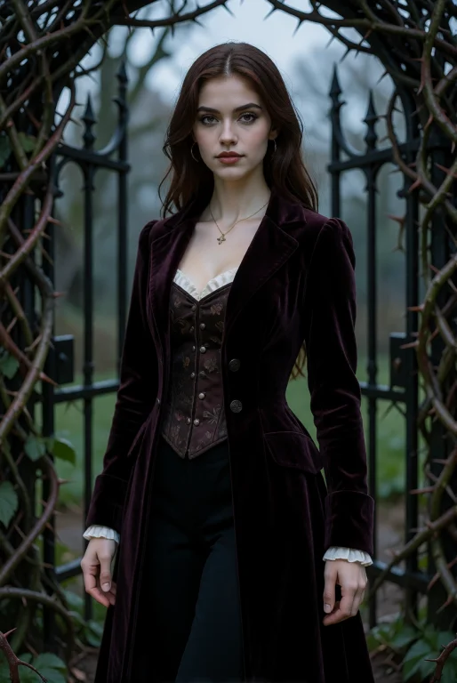 A Young Woman Stands Before A Gate Of Living Thorns, Wearing...