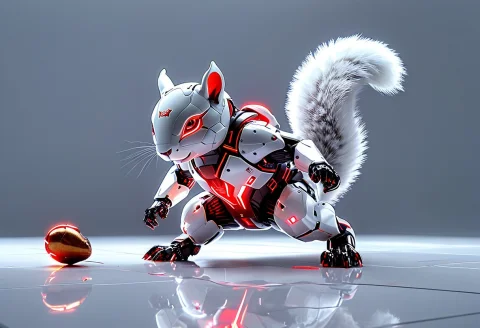 Whiteembertech, A Robot Squirrel Leaping Mid-air, Front Paws... — SDXL AI Prompt: whiteembertech, a robot squirrel leaping mid-air, front paws reaching for a boun...