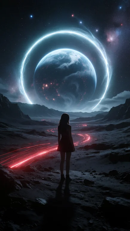 A Lone Figure Young Woman Stands In Silhouette On A Rugged,...