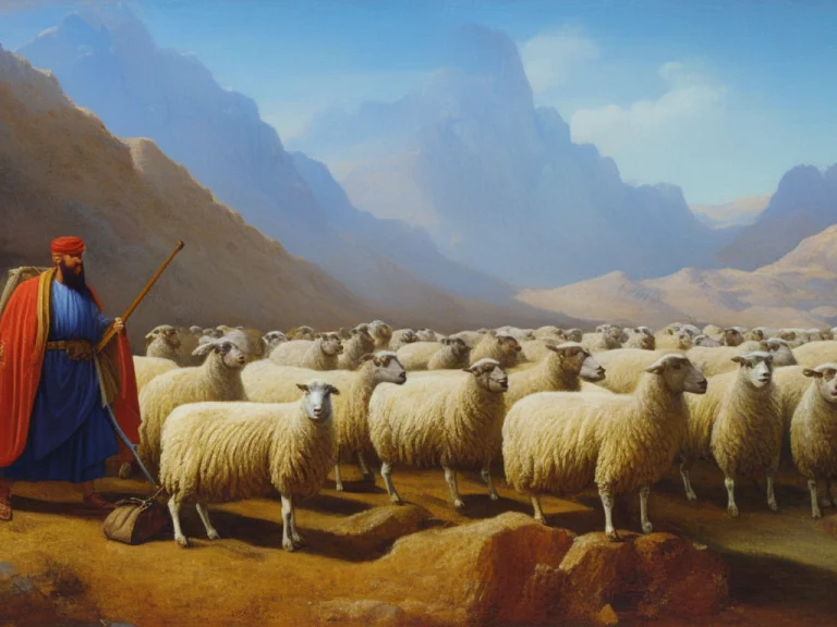 A Painting Of A Man Leading A Group Of Sheep And A Man With...