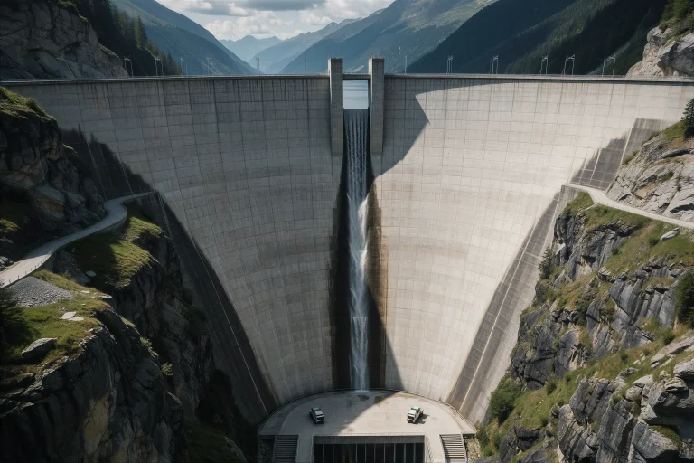 A Colossal Modern Dam Stretches Across A Deep Mountain Gorge...