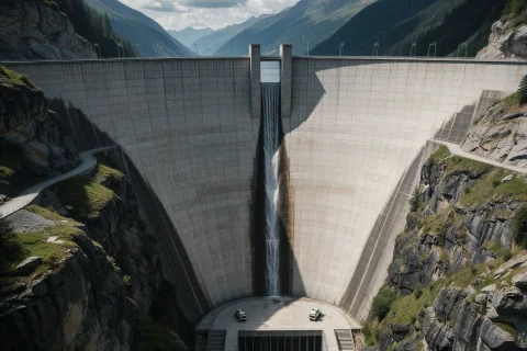 A Colossal Modern Dam Stretches Across A Deep Mountain Gorge... — Stable Diffusion AI Prompt: A colossal modern dam stretches across a deep mountain gorge, its curved concret...