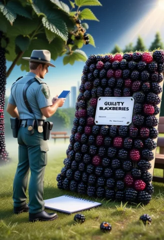 Blackberryworld Park Ranger Writing A Ticket To A Tourist St... — SDXL AI Prompt: blackberryworld park ranger writing a ticket to a tourist standing on the grass,...