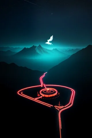 A Griffin Circling Above A Walled Mountain City, Editorial I... — Stable Diffusion AI Prompt: a griffin circling above a walled mountain city, editorial illustration, neon li...
